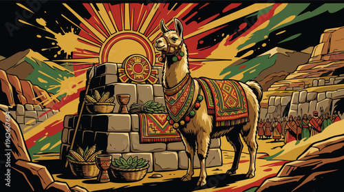 Inti Raymi Festival Llama Adorned in Traditional Andean Textiles Near a Stone Altar