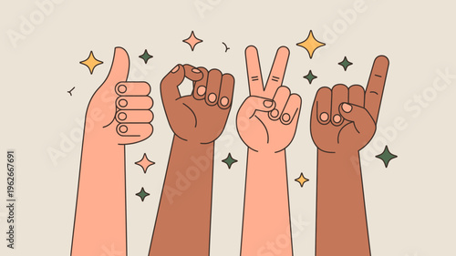 A diverse collection of hands are shown making various gestures including thumbs up peace signs and rock on symbols with sparkling stars high quality professional detailed