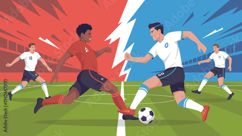 An illustrated depiction of a dynamic soccer match featuring two players in a heated competition with teammates in the background high quality professional detailed modern elegant