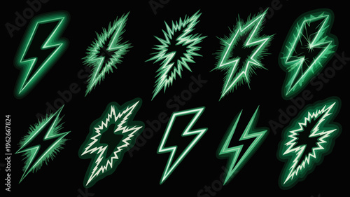 A collection of vibrant neon green lightning bolts and jagged energy symbols are displayed against a solid black background high quality professional detailed modern elegant stylish