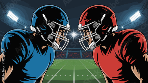 An illustration depicts two american football players facing each other helmets nearly touching ready for a clash on the field high quality professional detailed modern elegant
