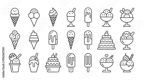 A collection of various black and white line art desserts including ice cream popsicles cakes and sweet treats in bowls high quality professional detailed modern elegant