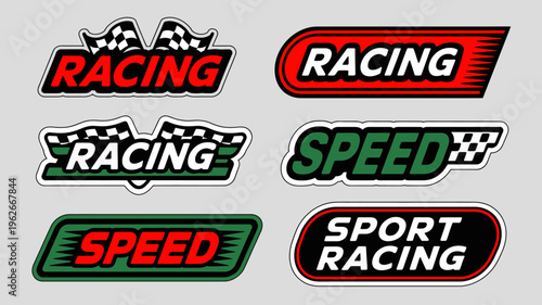 This image displays a collection of colorful racing themed emblems and stickers featuring checkered flags and bold text designs high quality professional detailed modern elegant stylish