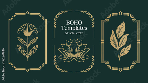 A collection of three golden ornate botanical themed frames are displayed on a dark teal background showcasing boho templates high quality professional detailed modern elegant stylish