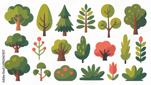 A colorful collection of stylized trees and bushes are displayed against a clean white background showcasing various shapes and shades of green high quality professional detailed