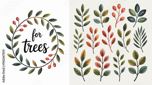 A watercolor illustration depicts leafy branches berries and the word trees in elegant calligraphy creating a botanical design high quality professional detailed modern stylish clean crisp