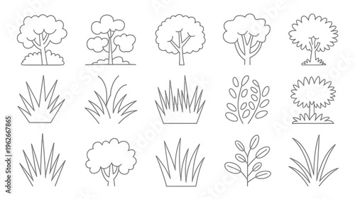 A collection of simple black and white line drawings depicts various trees shrubs and patches of grass in a minimalist style high quality professional detailed modern