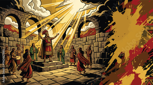 Inti Raymi Sun Rays Illuminating Temple Courtyard Indigenous Celebration Fantasy