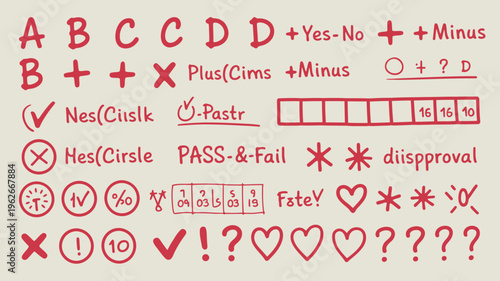 A collection of hand drawn red symbols and text including letters mathematical signs and assessment markings on a light background high quality professional detailed modern elegant