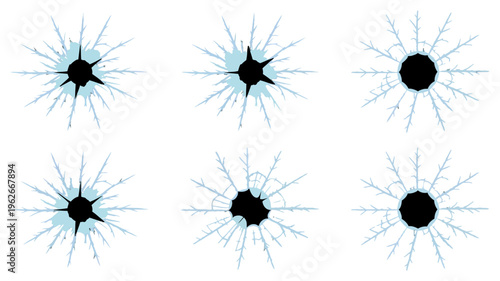 A series of six cracked circular shapes with radiating lines are displayed against a stark black background resembling shattered glass high quality professional detailed modern elegant