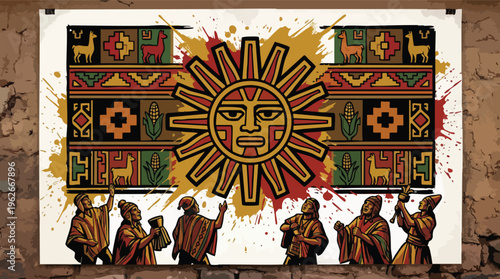 Inti Raymi Woven Textile Pattern with Sun Motifs and Traditional Graphic Poster