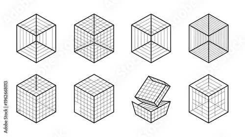 An arrangement of eight isometric cube illustrations demonstrates different perspectives and a partially unfolded cube all in black lines high quality professional detailed modern elegant stylish