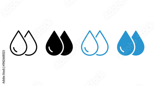 Four variations of a water droplet icon are displayed showing different color schemes and styles high quality professional detailed modern elegant stylish clean crisp vibrant colorful