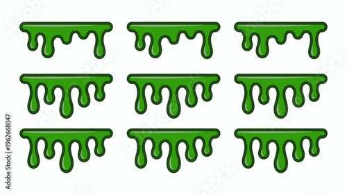 A repeating pattern displays nine bright green dripping slime shapes arranged in a three by three grid on a white background high quality professional detailed modern