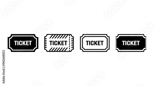 A collection of four black and white ticket icons are displayed in a row each with a unique frame design high quality professional detailed modern elegant