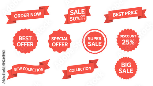 A collection of vibrant red sale ribbons and circular badges promoting discounts offers and new collections on a black background high quality professional detailed modern elegant