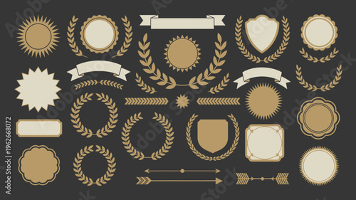 An assortment of vintage gold and white badges ribbons laurel wreaths and decorative flourishes are displayed on a dark background high quality professional detailed modern elegant