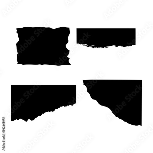 Set of four black ripped paper edge elements with ragged texture isolated on white background