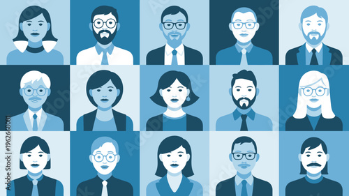 A grid of diverse people s faces illustrated in a flat blue toned design representing a team or group portrait high quality professional detailed modern elegant
