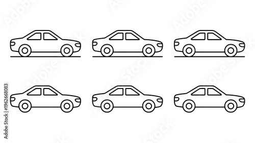 A simple linear illustration showcases six identical sedan style cars arranged in a two by three grid formation high quality professional detailed modern elegant stylish clean