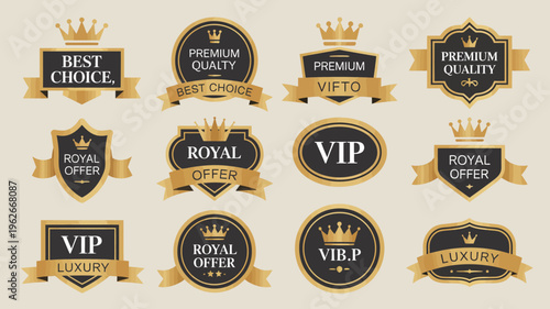 An assortment of decorative gold and black labels and emblems featuring crowns ribbons and text indicating quality and prestige high quality professional detailed modern elegant stylish