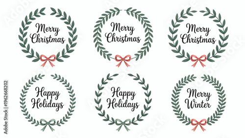 Six watercolor wreaths displaying festive greetings like merry christmas and happy holidays with red ribbon accents high quality professional detailed modern elegant stylish clean crisp vibrant