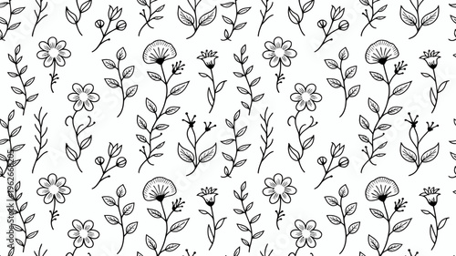 A seamless pattern showcases delicate hand drawn floral arrangements with various blossoming flowers and slender stems on a white background high quality professional detailed modern elegant