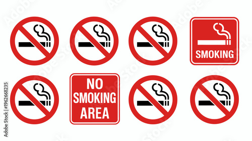 A collection of red circular and rectangular no smoking signs with a white background illustrating prohibitions against smoking in various areas high quality professional detailed modern