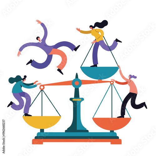 Diverse group of people struggling to balance on a large scale, representing teamwork and challenges