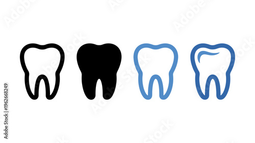 Four tooth icons are displayed in a row progressing from outline to solid black to blue gradient representing dental health high quality professional detailed modern elegant