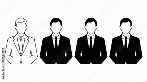 A series of four identical black and white silhouette icons depict formally dressed businessmen each wearing a suit and tie high quality professional detailed modern elegant