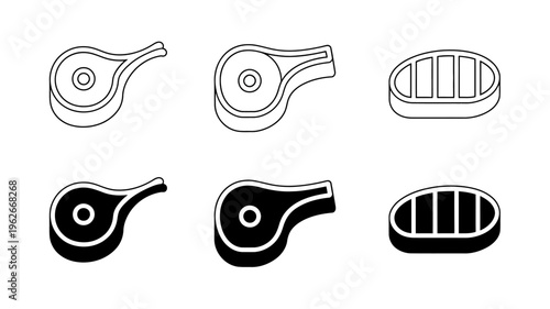 A simple black and white illustration displays six different cuts of meat including steaks and chops in a minimalist style high quality professional detailed modern elegant