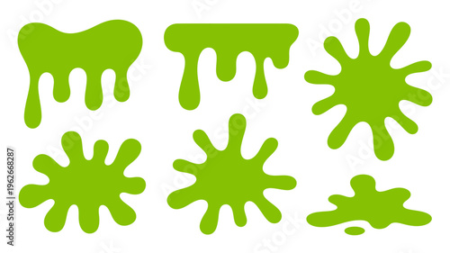 A collection of vibrant green slime splatters and blobs are displayed against a clean white background showcasing various irregular shapes high quality professional detailed modern elegant