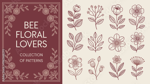 A decorative illustration displays floral arrangements and a bee lovers inscription framed by botanical elements in a maroon palette high quality professional detailed modern elegant stylish