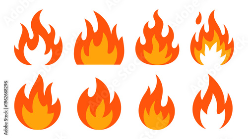 A collection of stylized orange and yellow flames are displayed against a plain white background showcasing different fire shapes high quality professional detailed modern elegant stylish