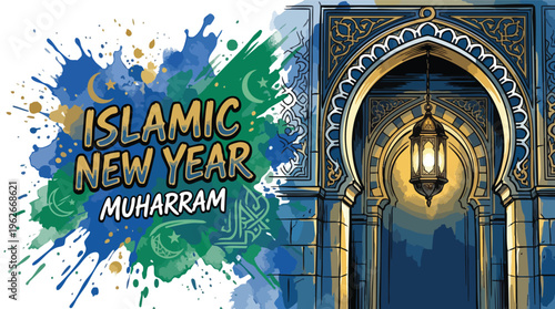 Islamic New Year Muharram Celebration with Archway and Lantern Design