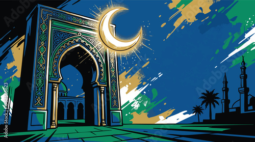 Islamic Archway with Glowing Crescent Moon and Mosque Silhouette Night