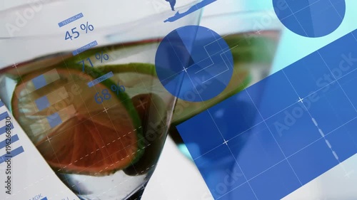Sliding blue charts moving across promo closeup of martini glasses, revealing lime, olives, percent