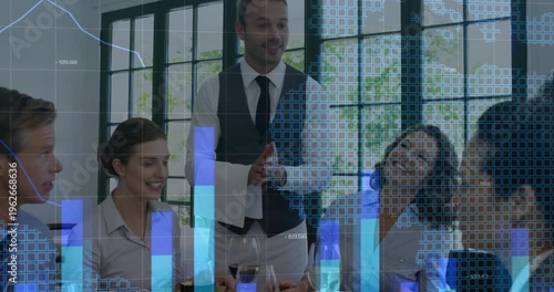 Placing plate, server in vest speaking to colleagues at work lunch, diners eating with bar graphs