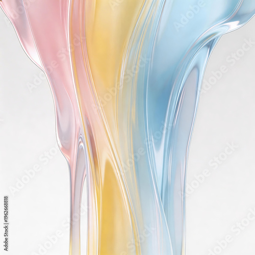 Abstract digital illustration of flowing translucent liquid waves in pink, yellow, and blue colors, ideal as a modern background with smooth, fluid texture.