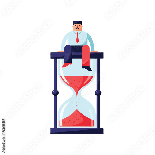 Businessman sitting on top of hourglass, symbolizing time running out or waiting for time to pass