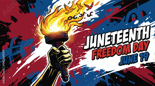 Juneteenth Freedom Day Illustration with a Glowing Torch and Broken Chains