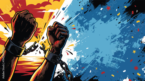 Juneteenth Celebration with Fists and Broken Chains Against Abstract Background