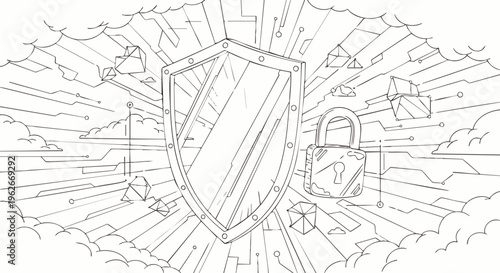 Cloud cybersecurity concept sketch featuring a protective shield, secure padlock, and interconnected digital elements, representing data privacy and network defense.