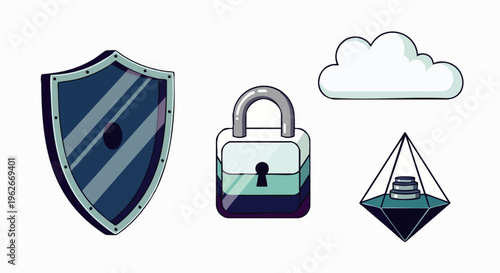 Digital security and data protection concept with shield, padlock, cloud computing, and blockchain icons. Safeguarding information and online privacy.