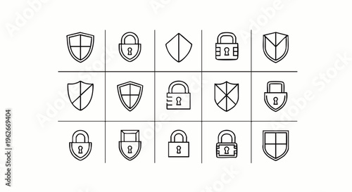 Collection of minimalist line art security icons featuring shields and padlocks. Perfect for digital protection, internet safety, and cyber privacy vector graphics.
