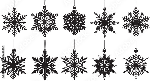 Black Snowflakes Hanging from Strings on White Background Illustration