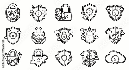 Cybersecurity and Data Protection Line Art Icons Set: Cloud Computing, Digital Security, Encrypted Access, and Privacy Shields for Web and Mobile Applications