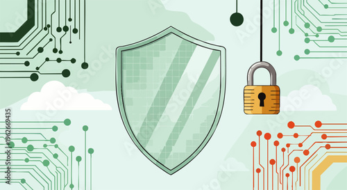 Digital security concept with a shield and padlock amidst circuit board patterns, symbolizing data protection, online privacy, and network safety in the technological era.