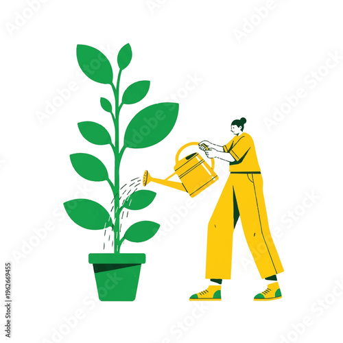 Person watering a large green plant in a pot, symbolizing growth, care, and nurturing nature with a watering can